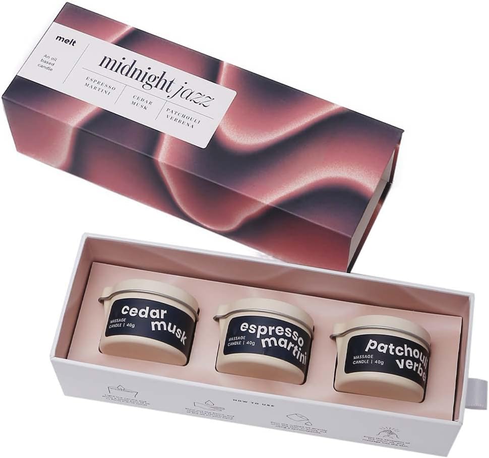 MYMUSE Wax Melt Massage Oil Candles - Midnight Jazz Set Of Three (Espresso Martini, Cedar Musk, Patchouli Verbena), 40Gm Each | Shea Butter | Vitamin E