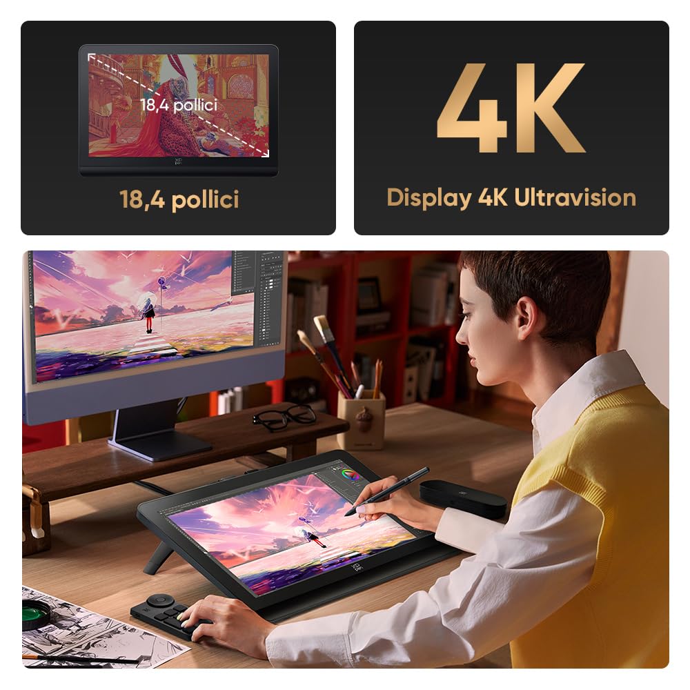 XPPen Artist Pro 19 (Gen 2) 4K Tavoletta garfica con schermo con 2 penne livelli di pressione 16K, 60° Inclinazione, include tastiera Bluetooth, Creazione di animazioni, Design 3D