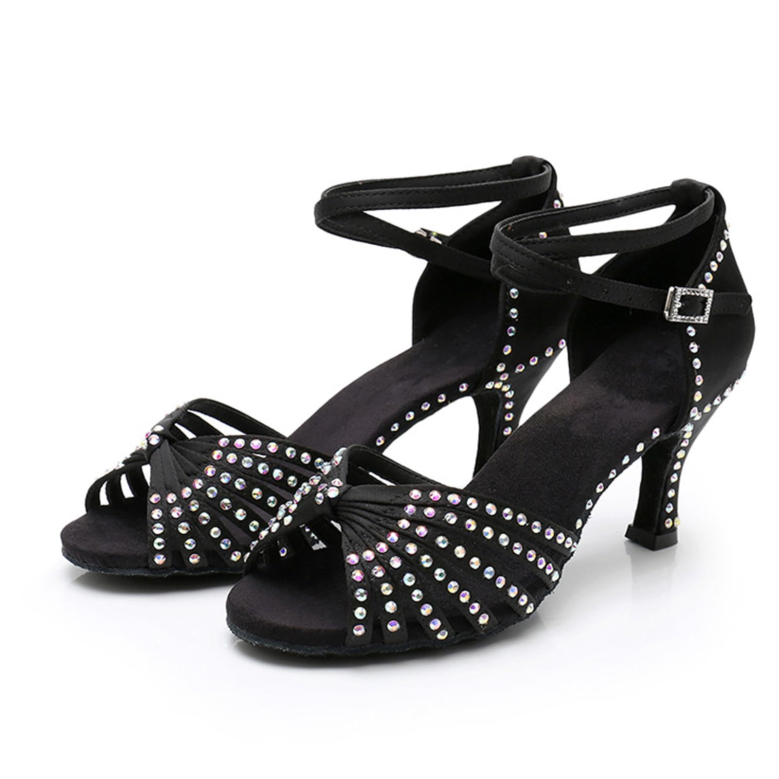 Nowe buty do tańca latynoskiego z diamentową wkładką dla kobiet dorosłych na środkowym obcasie miękka podeszwa buty do tańca wysokie obcasy z diamentowymi butami do tańca Cha-cha, A436 Czarny obcas 7