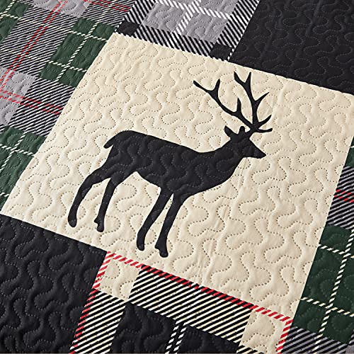 Minchi Lodge Quilt Set Twin Size Plaid Patchwork Rustic Cabin Bedding Moose Deer Printed Beige Gingham Grid Bedspread Coverlet Soft Lightweight Reversible All Season Bed Sheet, 1 Quilt 2 Pillow Shams #TOP4