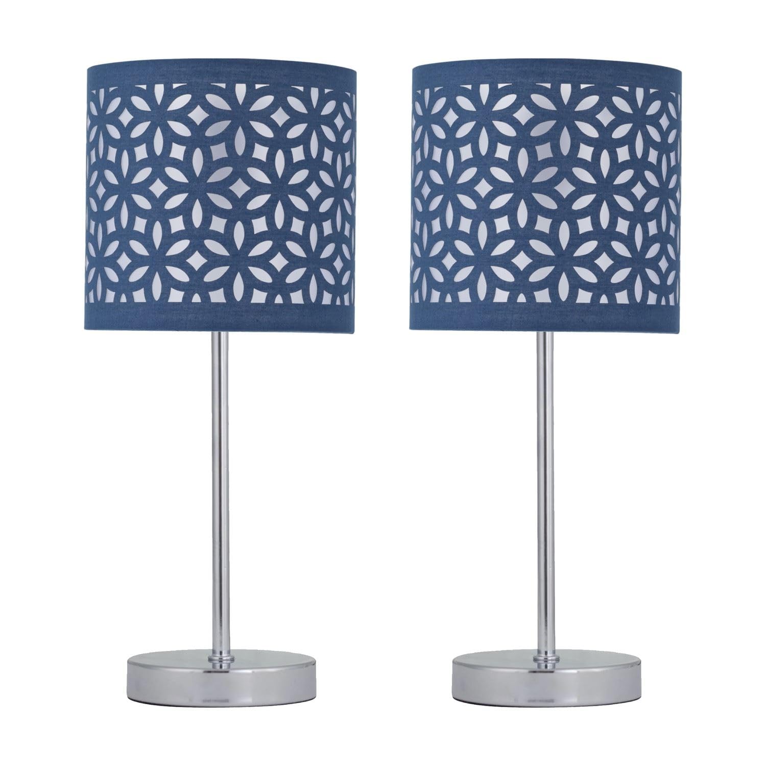 firstchoicelighting Set of 2 Polished Chrome Table Lamps or Bedside Lights, Modern, Navy Blue Cut Out Shade, Height 35cm, LED Compatible