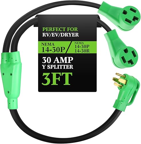 Divisor Y de secadora de 4 clavijas compatible con NEMA 14-30P a 14-30R14-30R, 3 pies, 30 amperios, 250 voltios, STW 10 AWG 4 conductores, cable