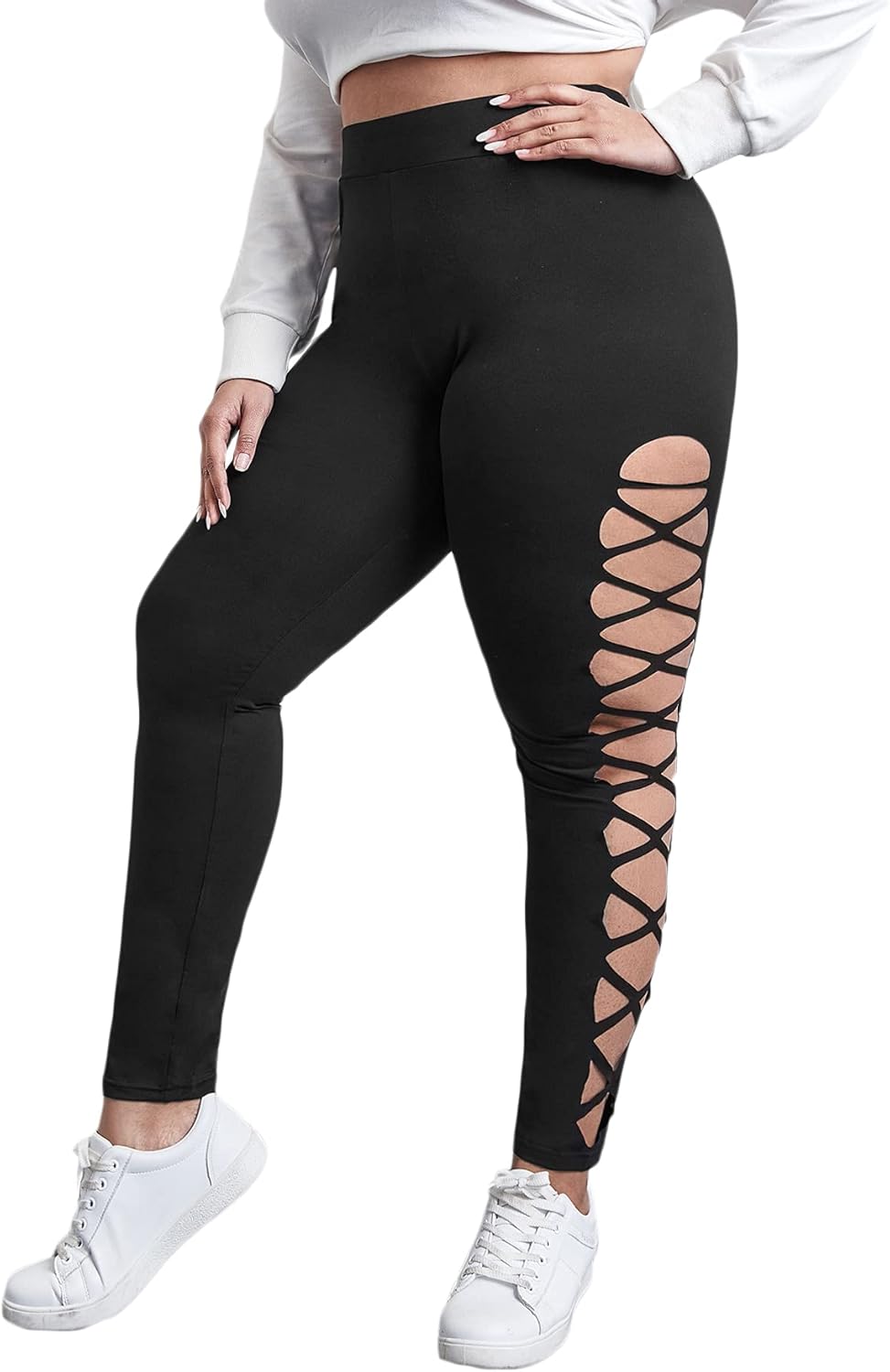 WDIRARA Women's Plus Size Criss Cross Cut Out Leggings Casual Skinny