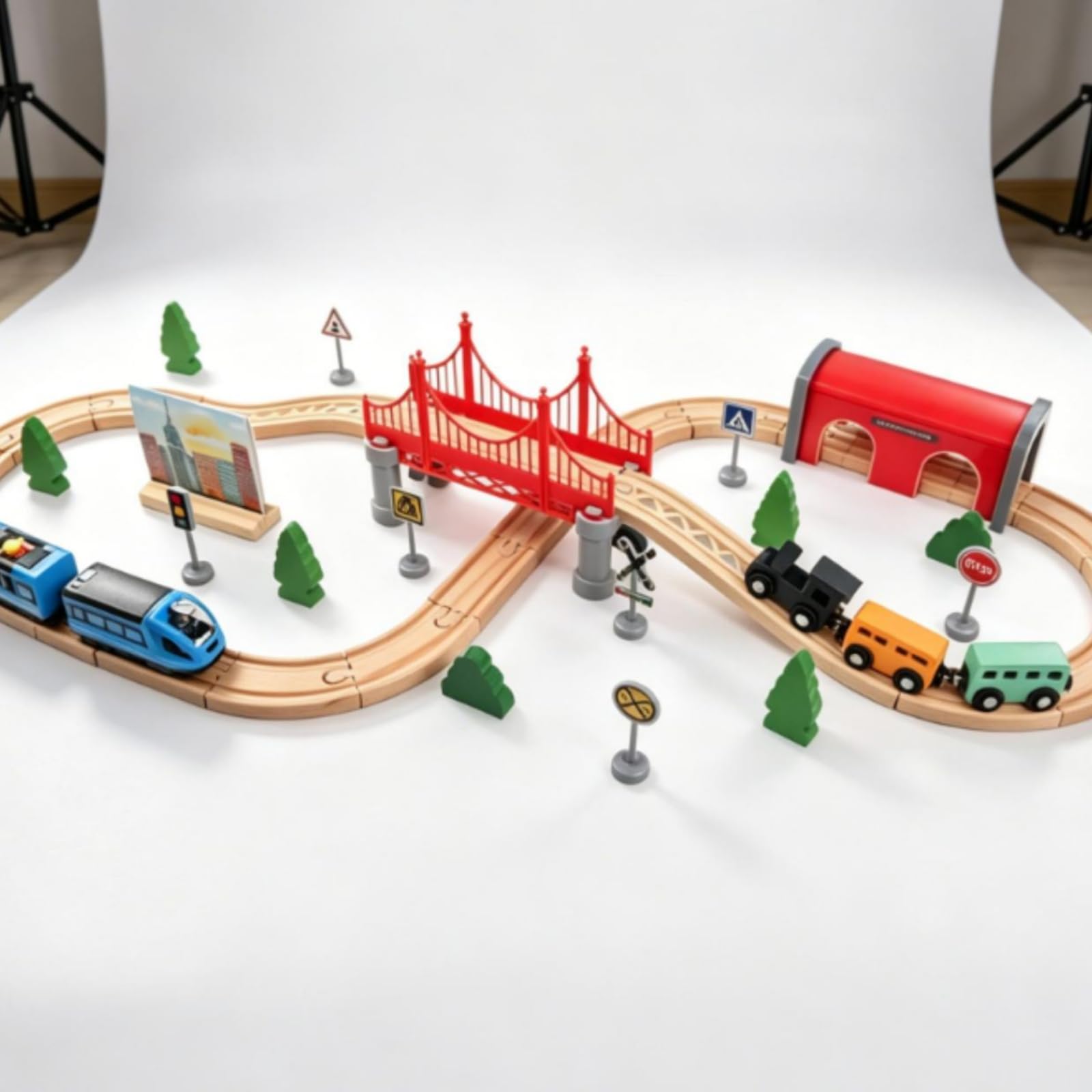 Pista Tren Madera Encajable Vías Encajables Madera Árboles y Señales Accesorio vía Tren