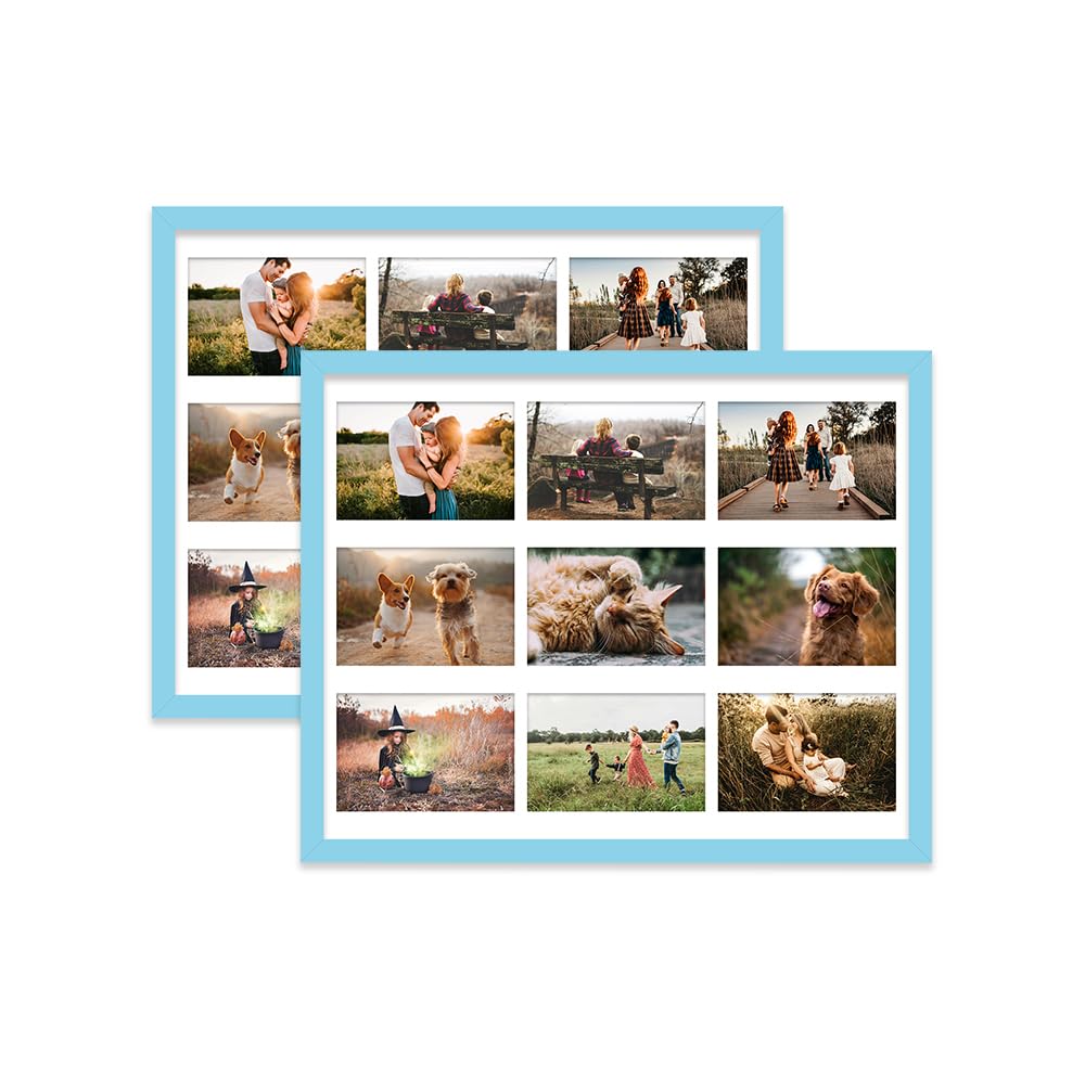 Light Blue Multi Photo Frame - Holds 9 x 6x4 Pictures, Family Collage Picture Frame for Wall Display, 20x16 Frame size, Set of 2