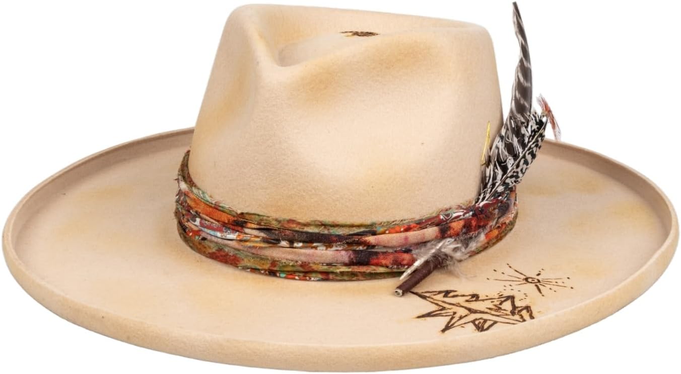 RUEDIGER Vintage Pencil Brim Fedora Hats 100% Wool Felt Hat Panama Rancher Hat with Lightning Logo Handmade Distressed/Burned