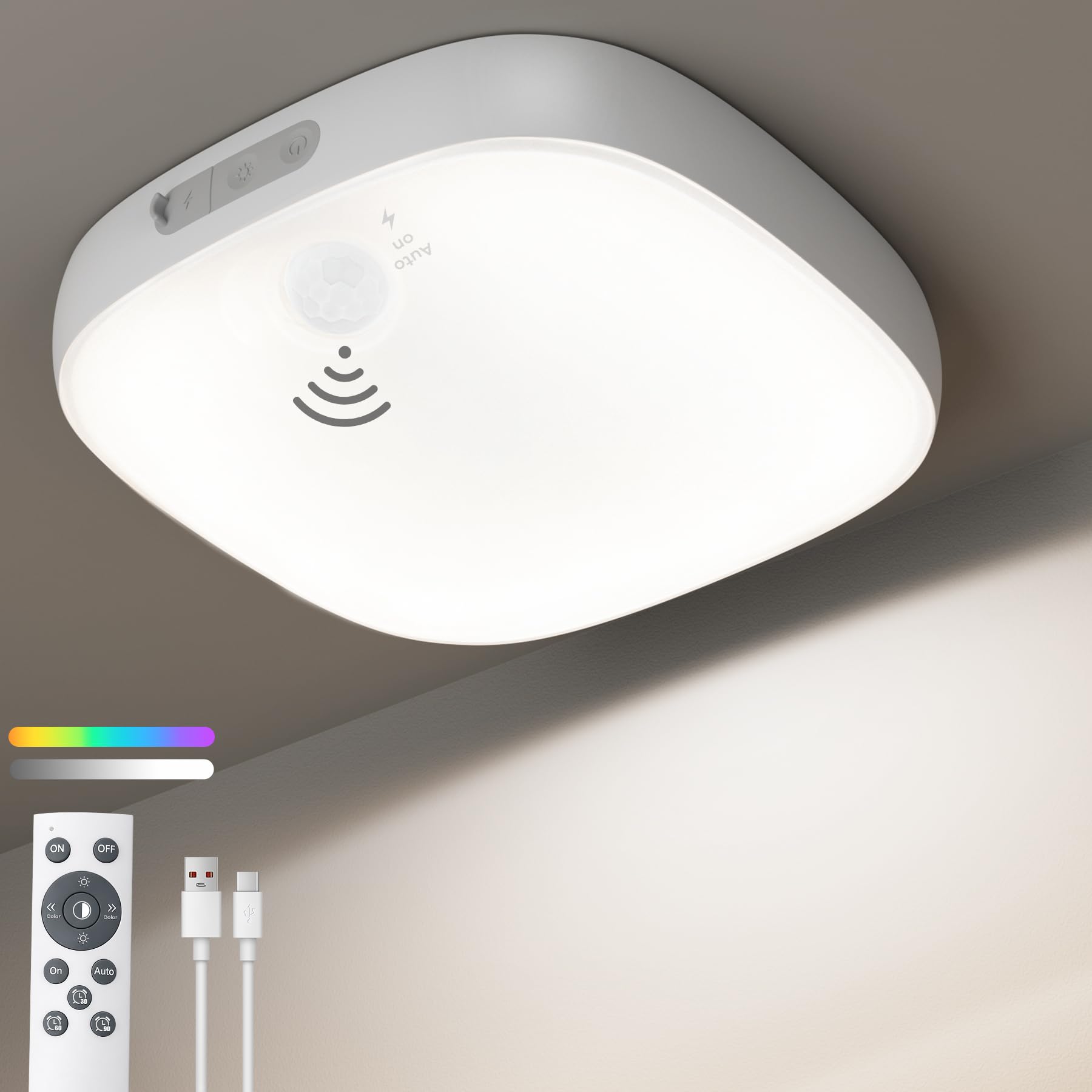 ToyGlee Shower Light IP65 Waterproof, 18 Colors Motion Sensor Ceiling Light, Rechargeable Closet Light with 10000mAh Battery & Remote, LED Bathroom Shower Lamp for Inside Shower (White-RGB, 1 Pack)