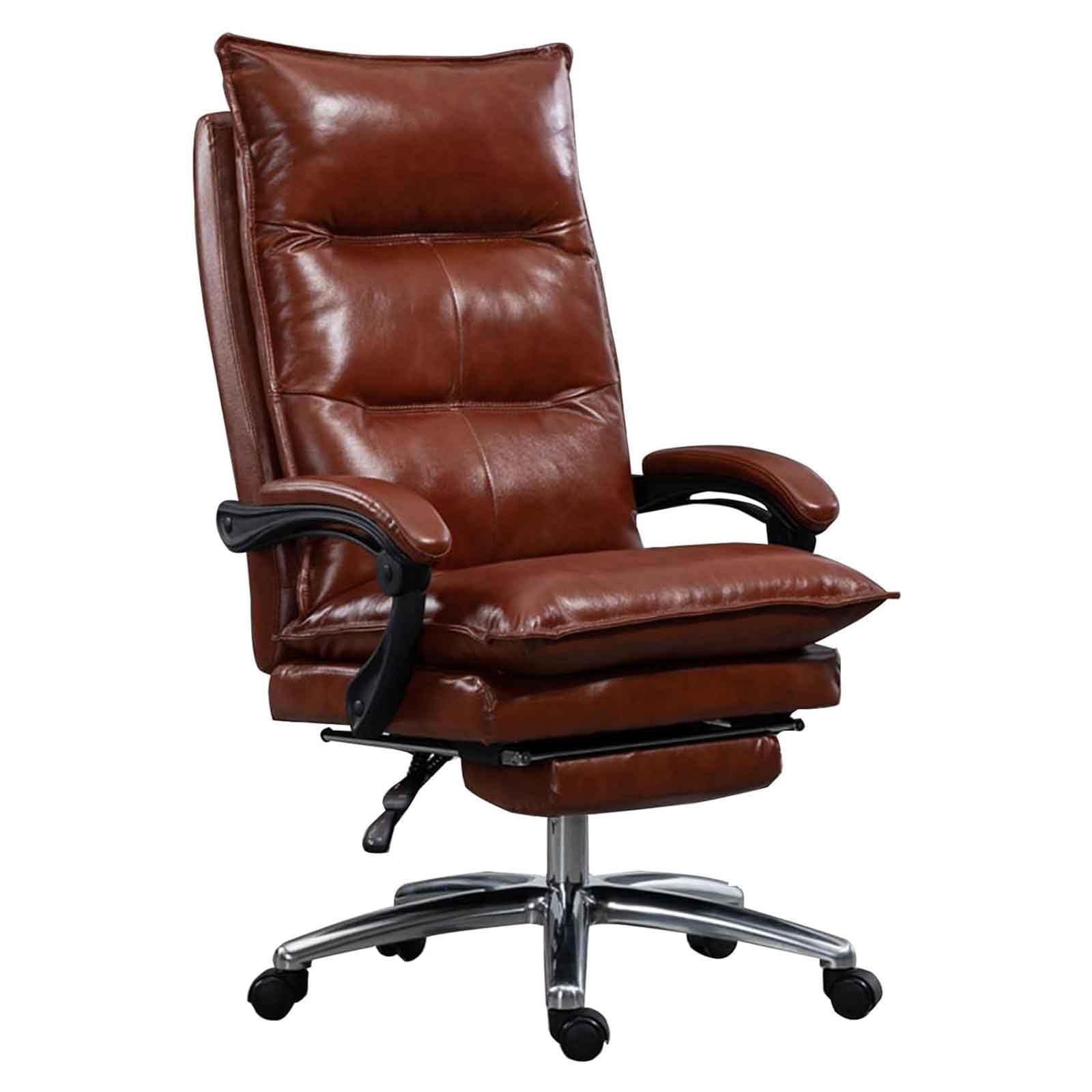 HTTGDGDH Ergonomic Genuine Leather Office Chair With Retractable Footrest Fully Reclining High Back Executive Computer Chair For Comfort Swivel Boss Task Chair,Brown