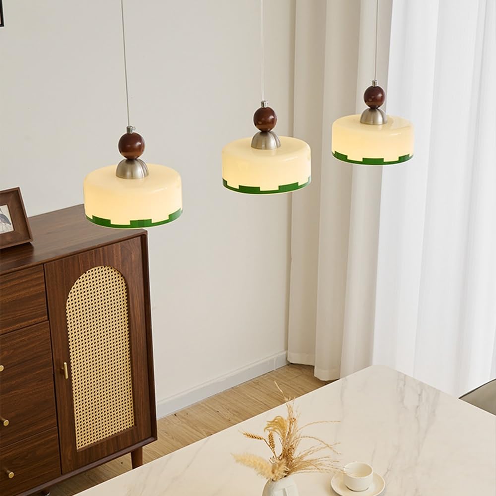 Wisząca lampa z 3 światłami Kremowy szklany klosz z zieloną krawędzią Szczegóły drewna orzechowego Niklowa metalowa podstawa Regulowany sznur do zawieszenia E27 Opuszczana lampa sufitowa
