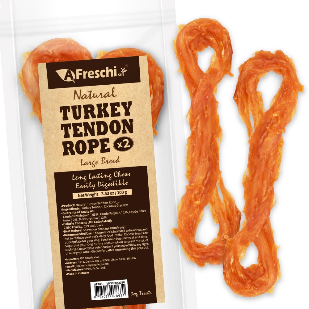 A Freschi srl Turkey Tendons for Dogs, USA-Sourced, Healthy Dog Treats, Rawhide-Free Puppy Chews, Long Lasting, All Natural, Hypoallergenic Dog Treats