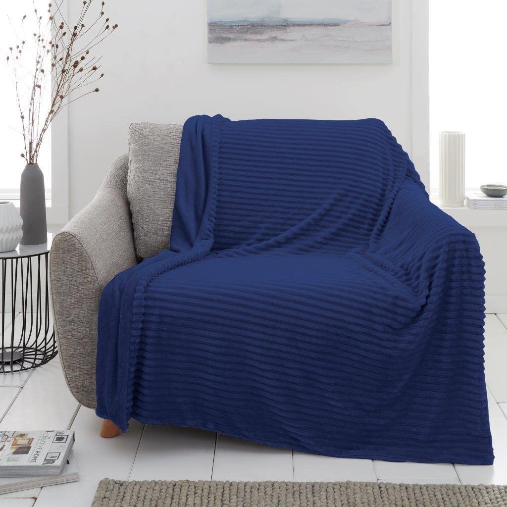 De Lavish Chunky Rib Teddy Flannel Fleece Throw Blanket Sofa Sette Couch Cuddly Cosy Soft Bed Double Size, Navy