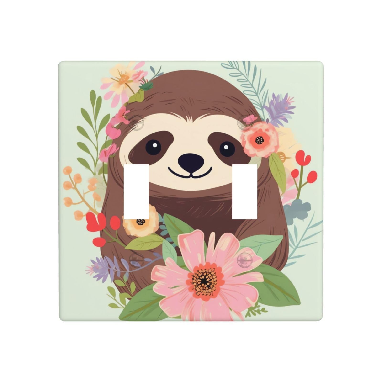 Aceprints Sloth And Flowers 2 Gang Double Toggle Wall Plates, Unbreakable Decorative Duplex Light Switch Plate Covers Electrical Switchplate Cover Faceplate For Bathroom Kitchen Decor