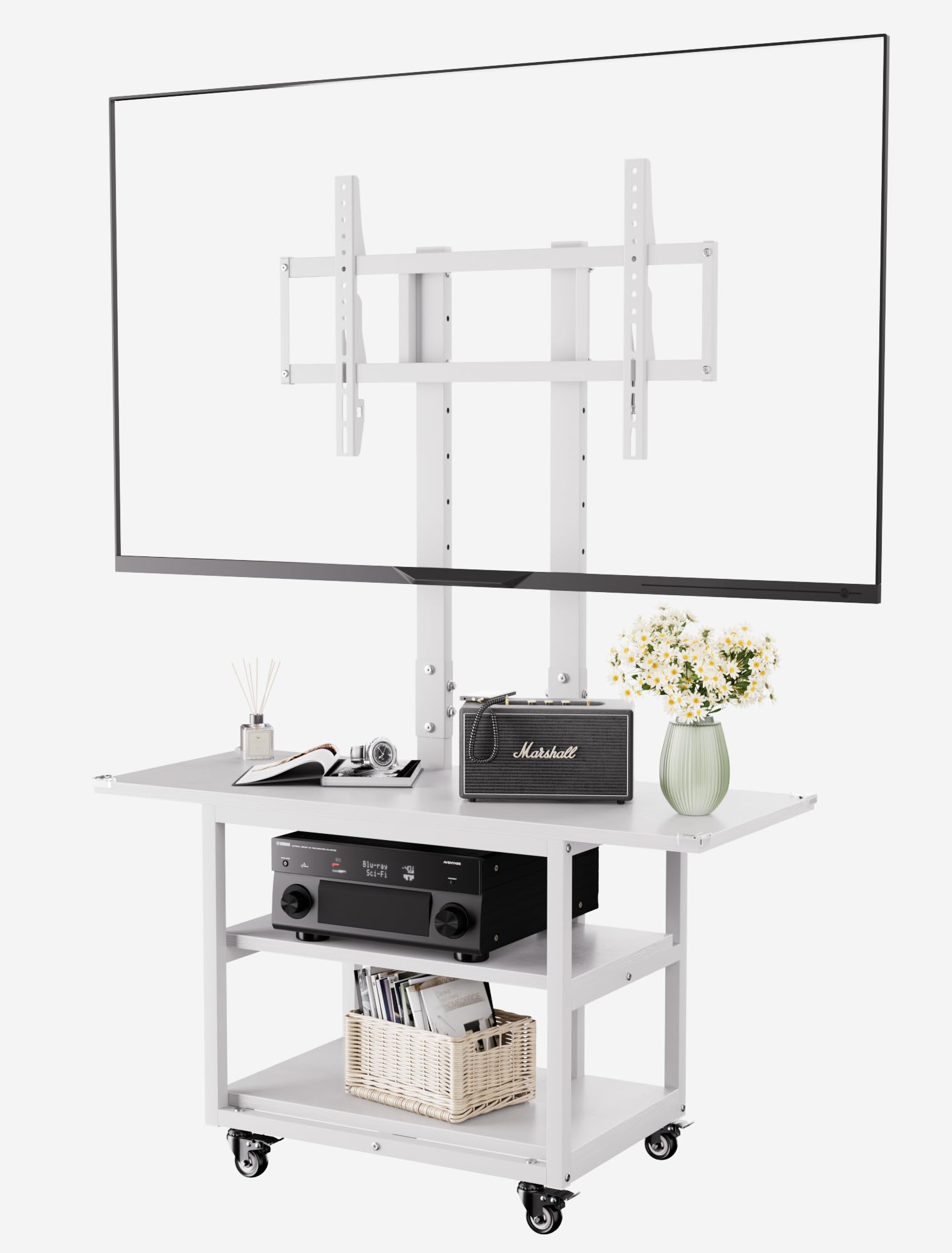 Heavy Duty Mobile TV Cart with 3-Tier Shelves, Height Adjustable Rolling TV Stand for 32-75 inch TVs up to 150 lbs, Portable TV Stand with Wheels for Home & Office, Max VESA 600×400mm(White)