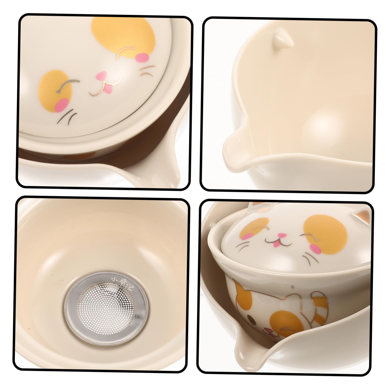 Teiera Tradizionale Cinese in Ceramica Resistente al Calore con Manico Laterale e Filtro Integrato Rotante per Infusione Kung Fu Design Elegante con Motivo Gatto della Fortuna