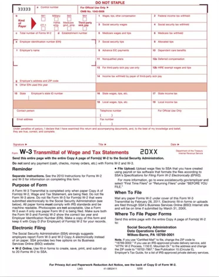 IRS Approved - W-3 Tax Summary Form - 10 Pack