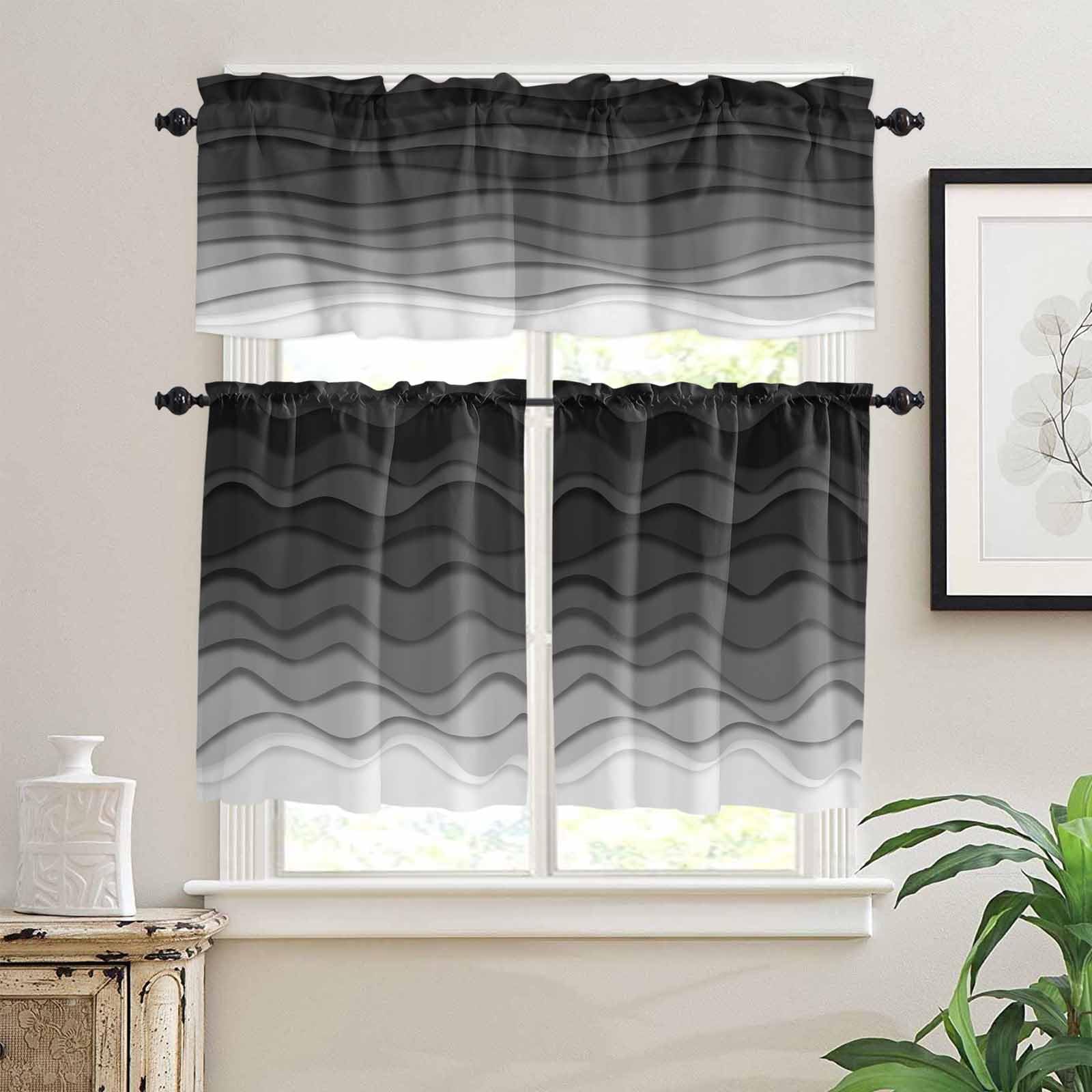Black Ombre Stripes Kitchen Curtains 24 Inch Length,3 Piece Rod Pocket Small Half Tiers and Valance Set,Modern Abstract Sea Waves Spray Art Small Large Window Treatment Decor for Bedroom/Bathroom
