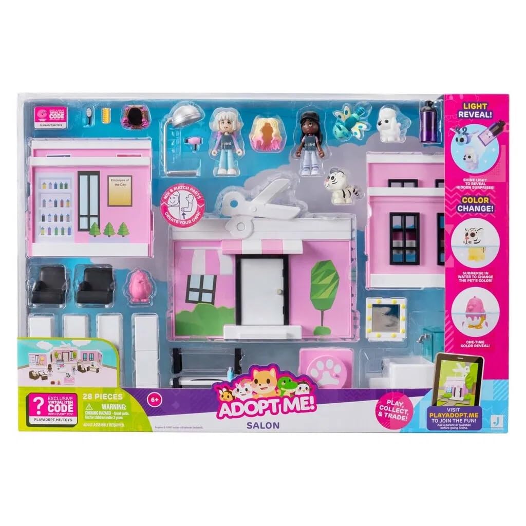Adopt Me! Pet Salon Deluxe Playset - Najlepsza gra online - Ekskluzywny wirtualny kod przedmiotu w zestawie - Zawiera Twoje ulubione zwierzęta domowe, postacie i krajobrazy do zabawy