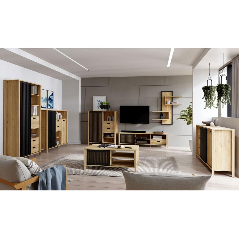 Forte JYTANA Schrank 100 105, skandinavischer Schrank mit 2 Schubladen, Schranktür und 3 offenen Fächern, Mauvella Eiche mit Schwarz, 103,4 cm breit x 129,9 cm hoch x 40,2 cm tief
