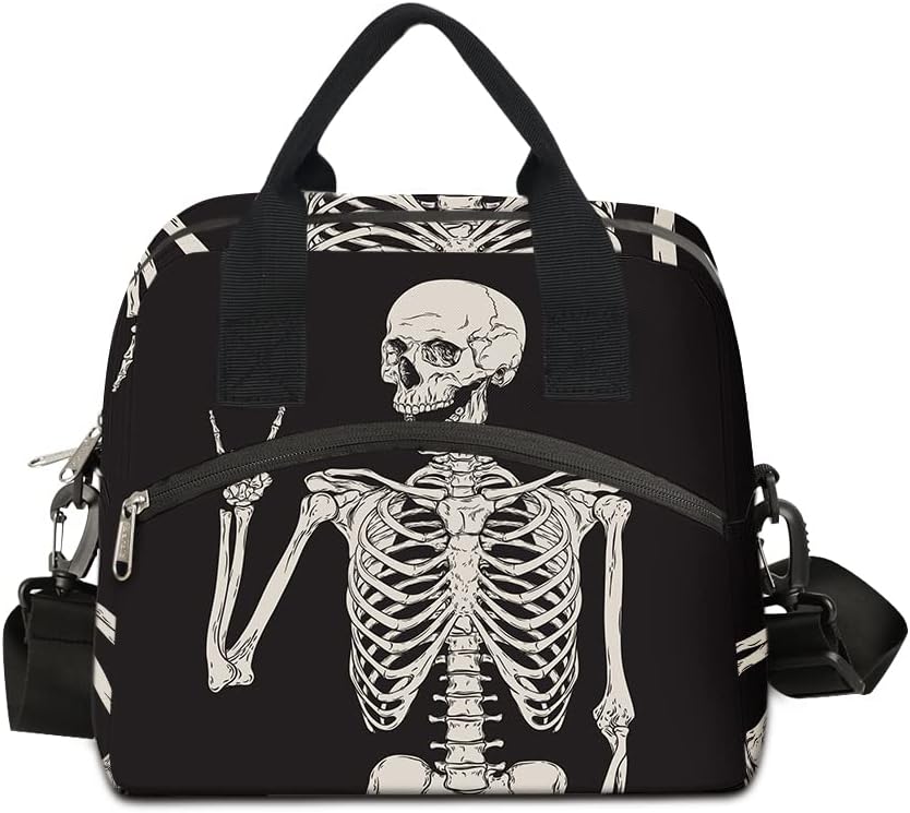 TropicalLife Reusable Lunch Bag for Women Men Goth Skull Pattern Insulated Lunch Box Durable Soft-sided Bag with Adjustable Shoulder Strap, Black