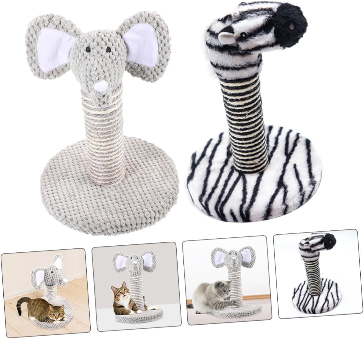 2pcs Cat Scratching Posts Set with Sisal Rope Elephant and Zebra Design Small Indoor Climbing Frame for Kittens and Cats