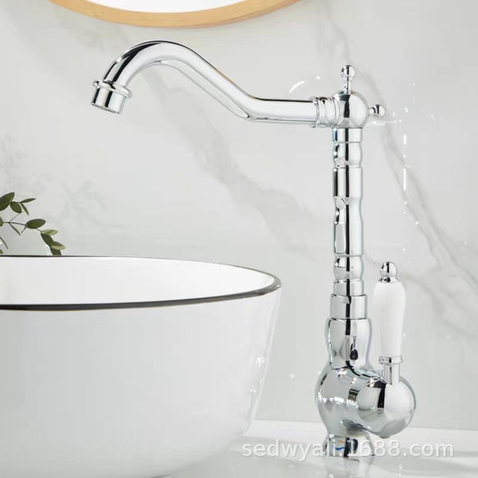 Fanjubei Bright Silver Ordinary White Porcelain Handle All-Copper Kitchen Hot And Cold Water Sink Faucets