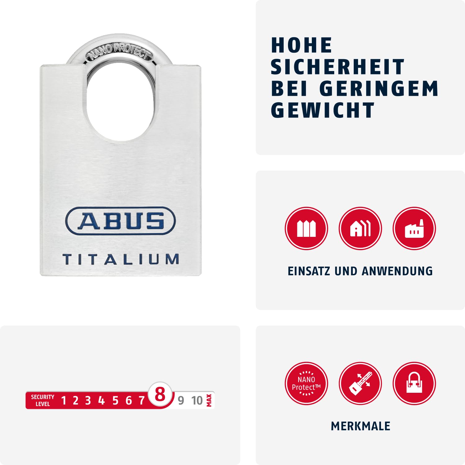 ABUS Titalium kłódka 96CSTI/50 – lekki korpus zamka z masywnego specjalnego aluminium – ze zintegrowaną ochroną pałąka – poziom bezpieczeństwa ABUS 8 – srebrna