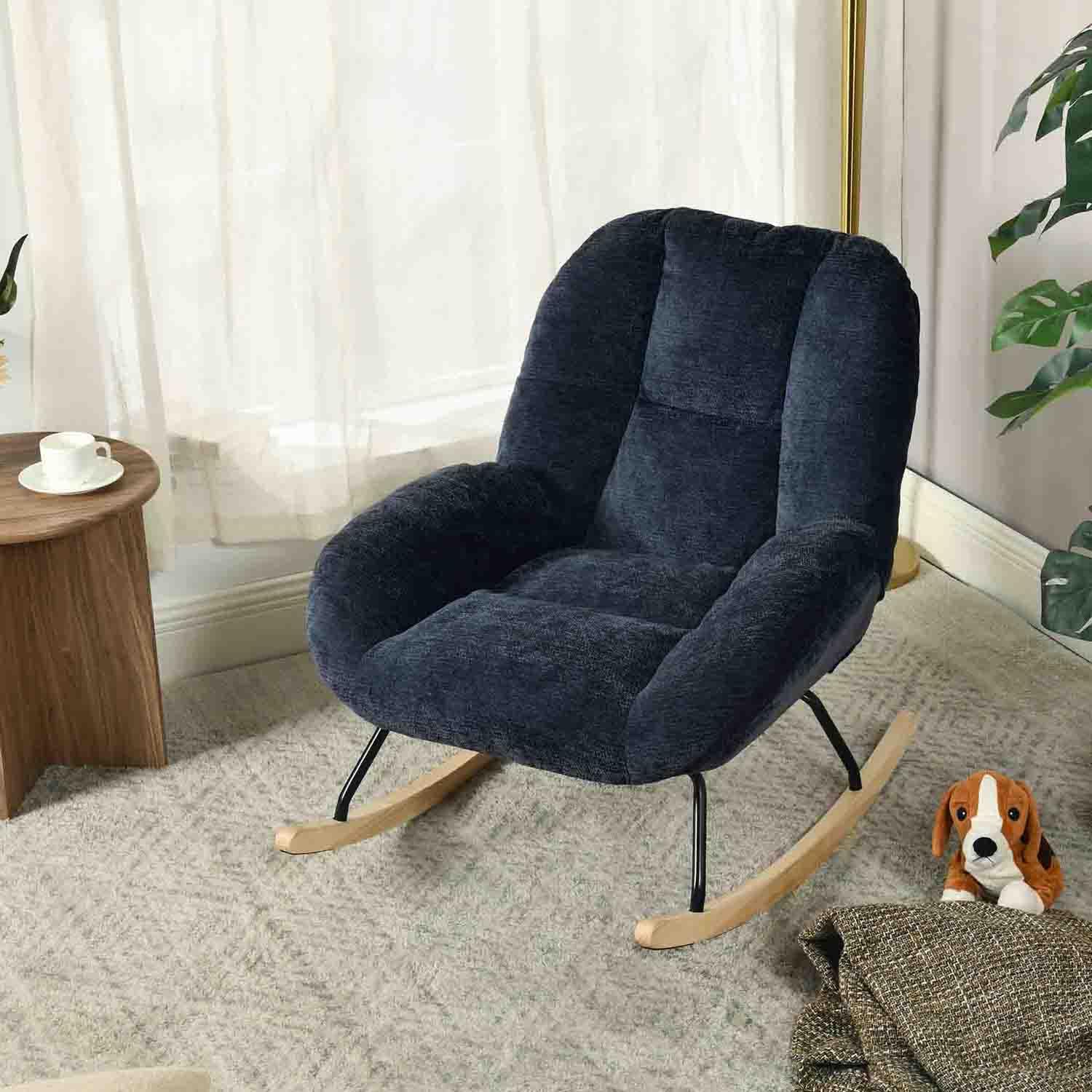 MEUBLE Cosy Sillas Mecedora Escandinavo Sillón Relax Especial Lactancia para Salón Dormitorio Lectura Sala de Estudio, Asiento Extra Ancho en Tela Chenilla, Azul