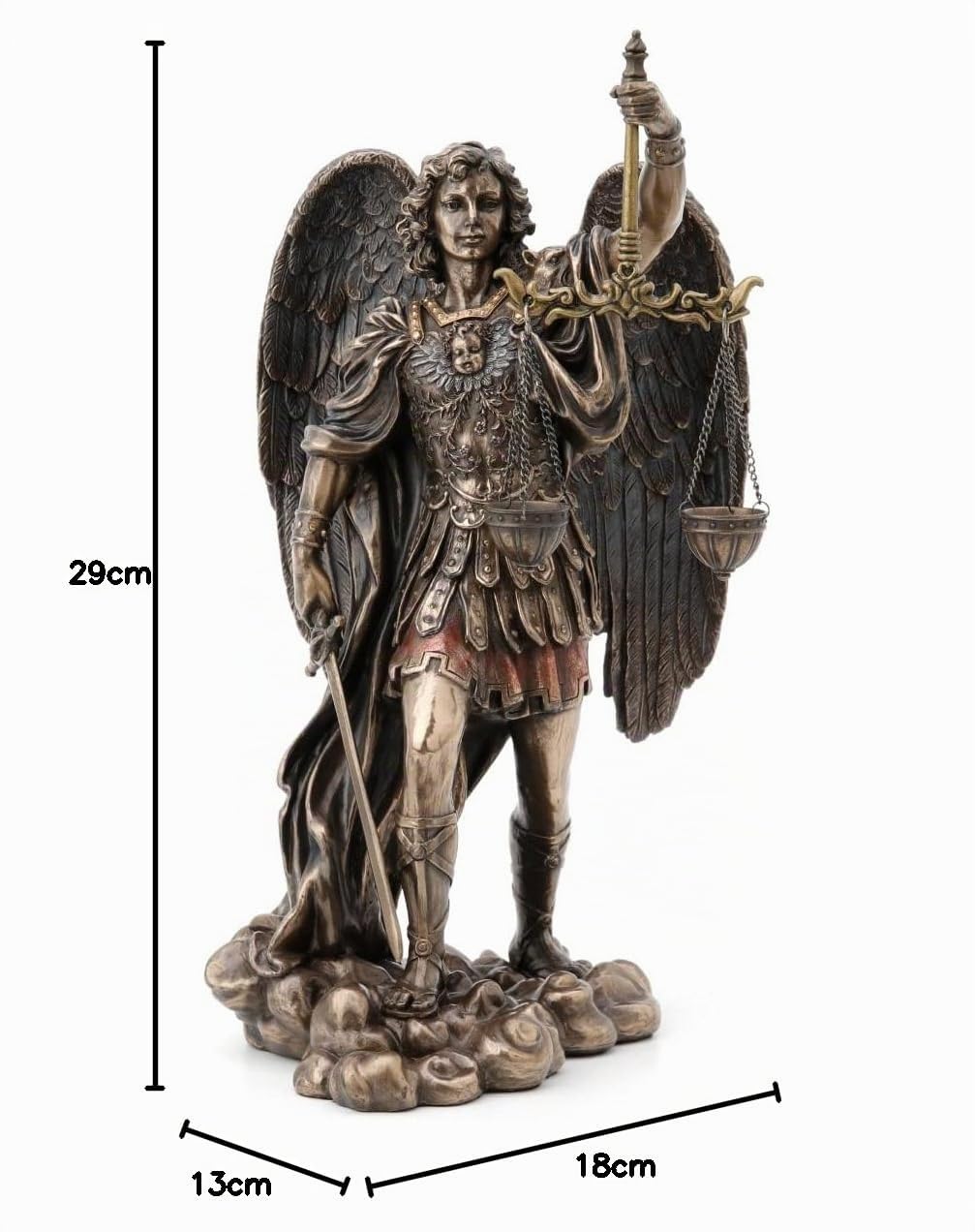 Figura Decorativa Religiosa, Arcangel San Miguel con Espada y Balanza, Resina Efecto Bronce Antiguo, Escultura Angeles Guardianes, 28 cm