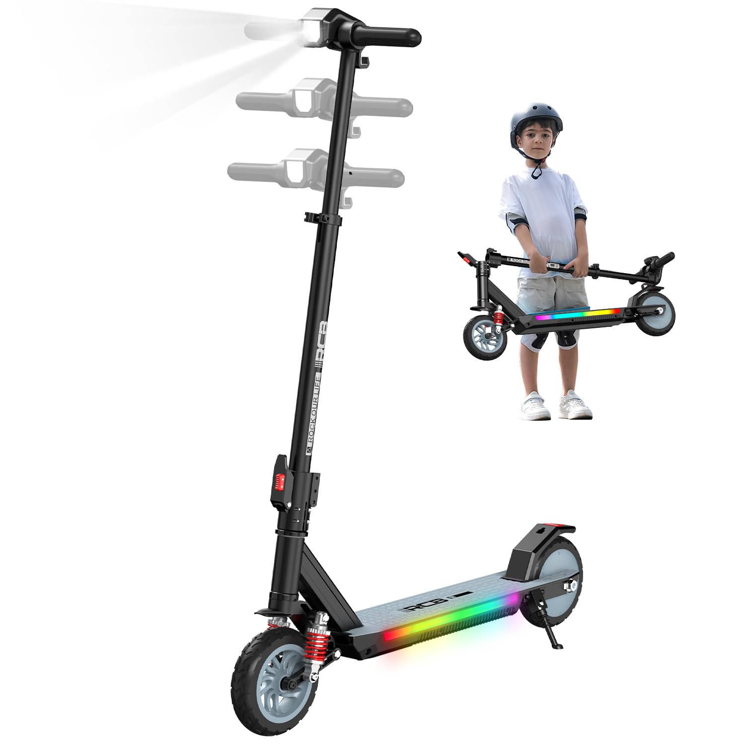 RCB R12 MAX E-Scooter Kinder 6-12 Jahren, bis zu 18km/h &15km, 7 Zoll Faltbar Elektroroller,Stoßdämpfung,Höhenanpassung,Bunte Leuchten,LED Display,Doppelte Bremsen, Geschenk für Kinder