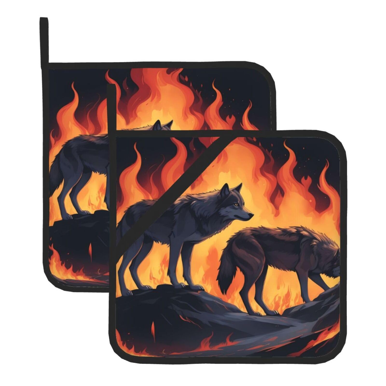 HJFCZH Wolves in Flames Printed Square Insulated Pot Mat Set (2-Piece) 8x8in Waterproof, Thickened & Easy to Clean with Lanyard Design for Kitchen, Oven & BBQ