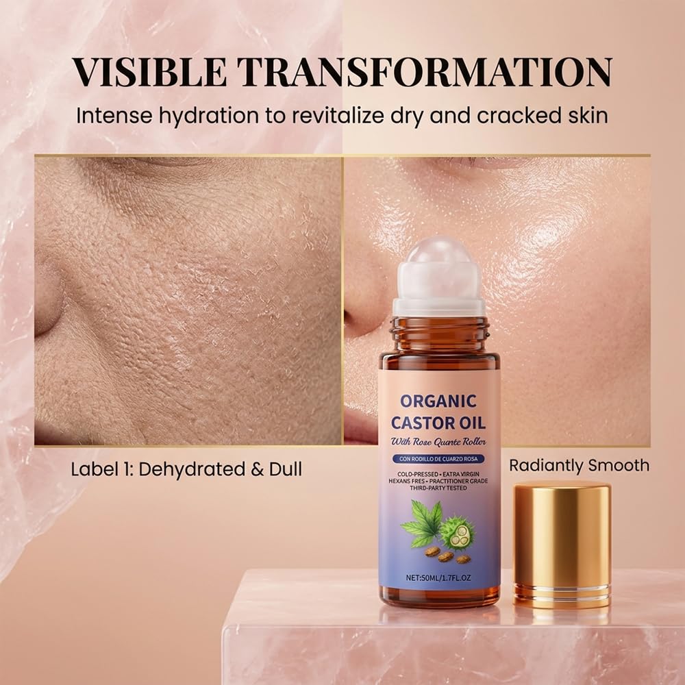 1 PCS Organic Castor Oil Roll On: 100% Cold Pressed Moisturizing Oil with Rose Quartz Roller - for Brows, Lashes, Dry Skin & Face, Travel Friendly Leakproof Roller Bottle (1) — view 2