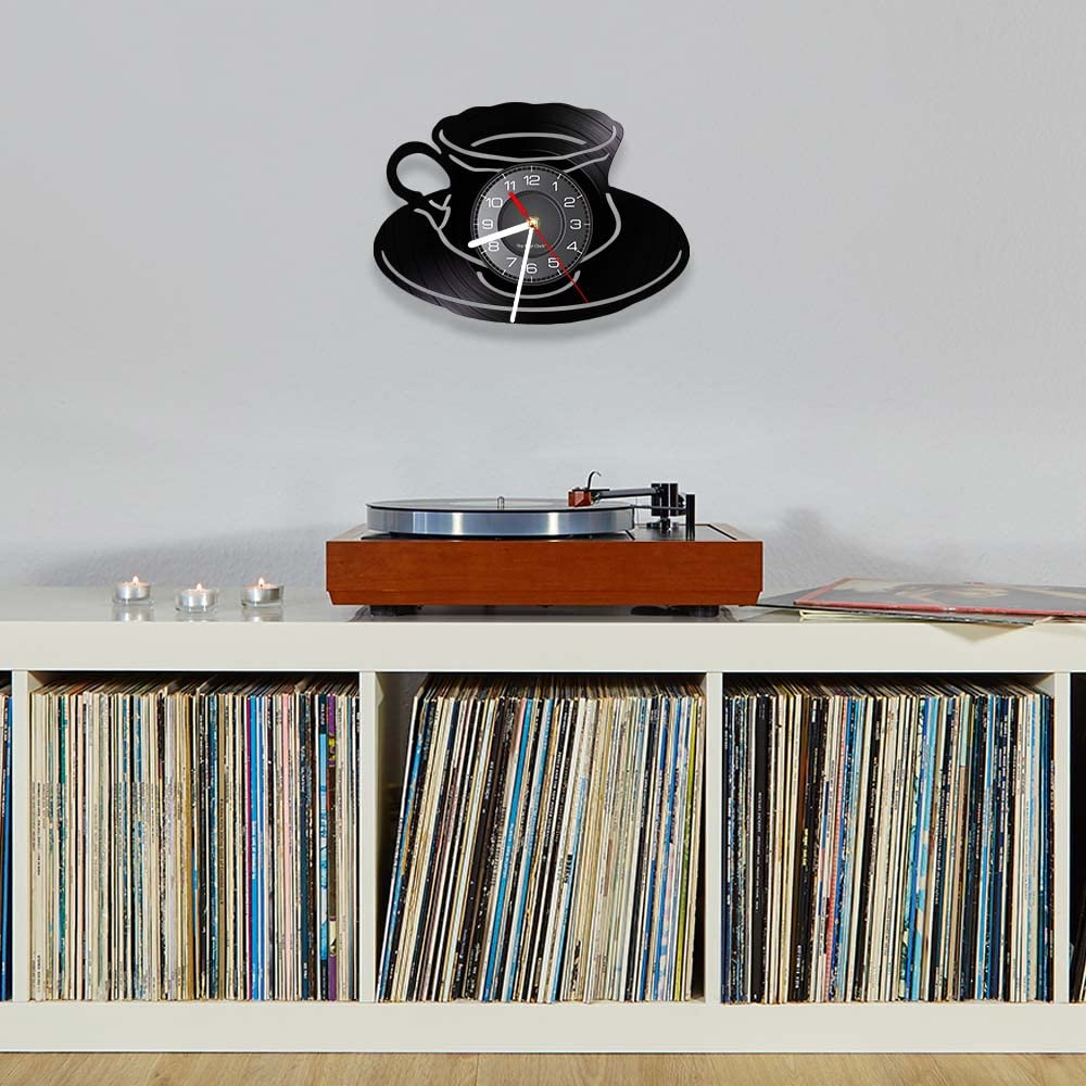 Orologio da parete in vinile, funzione luce notturna a LED a tema tazza di caffè, è un regalo da parete per gli amici amanti del caffè. (sette colori)