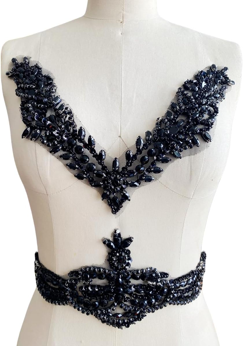 GeRRiT Pure Handsewing Rhinestones Beads Applique for Dress Clothing Samll V Neckline and Waist Trim sew on Shining Crystal Sequins lace Patches one Set/Bag (Black)
