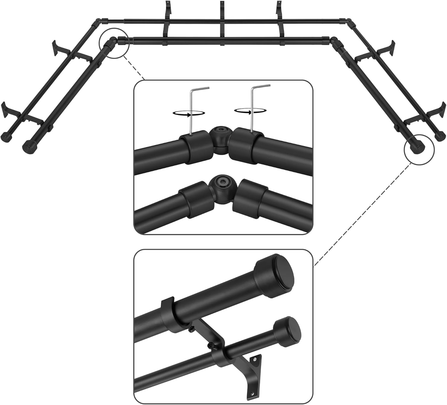 Black Double Corner Window Curtain Rods with Aluminum End Cap Finials and Brackets,1 Inch Diameter Dual Bay Window Curtain Rods, Adjustable 2 Sided 32-58" and 32-86 Center Double Rod 32-58"&32-86"&32-58" Black