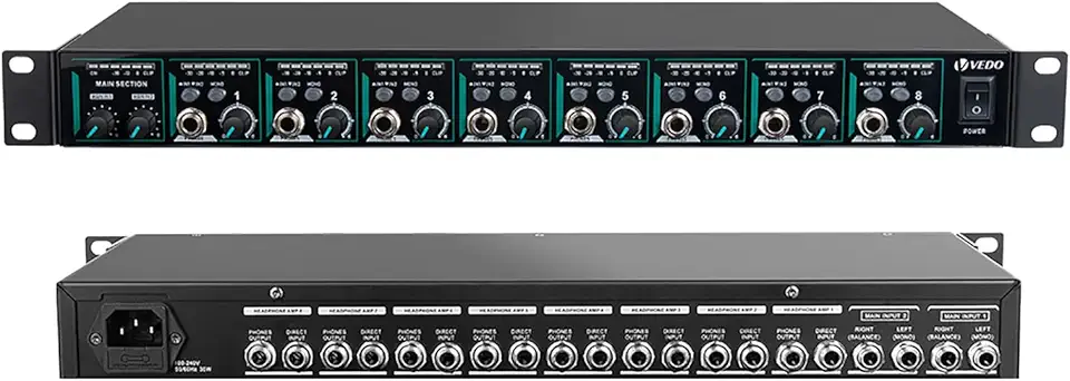 Amplificador de Fones de Ouvido Profissional 8 Canais, Rack 1U com Chip JRC, Baixa Distorção 0,007%,Pré-amplificador Ideal para Estúdios e Palcos, Entrada Balanceada TRS, Saída Elevada +24dBm
