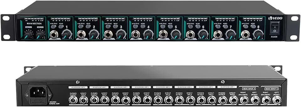 Amplificador de Fones de Ouvido Profissional 8 Canais, Rack 1U com Chip JRC, Baixa Distorção 0,007%,Pré-amplificador Ideal para Estúdios e Palcos, Entrada Balanceada TRS, Saída Elevada +24dBm