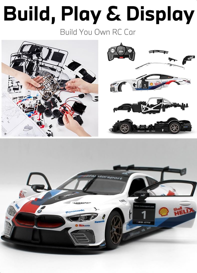 RASTAR 97200 1/18 74PCS Officially Licensed RC Race Car Building Kits for BMW M8 GTE with Opening Doors, Working Lights, Remote, Motor & DIY Decals for Play & Display - Ideal Gift for Ages 8+