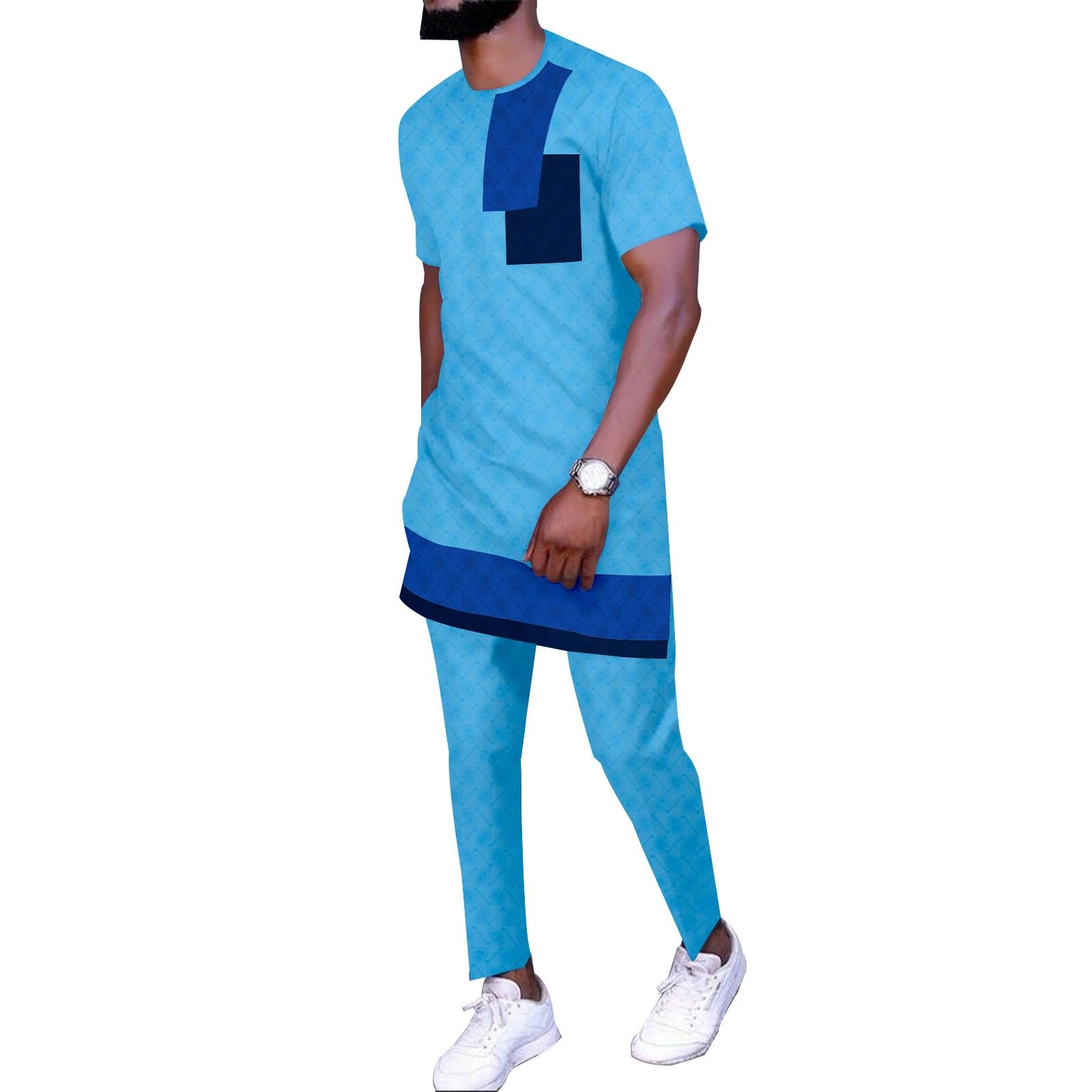 0XBIT Abito Da Uomo 2 Pezzi Set Di Camicie E Pantaloni A Maniche Corte Abiti Dashiki Abbigliamento Tribale Tuta Casual(Style5_Medium)