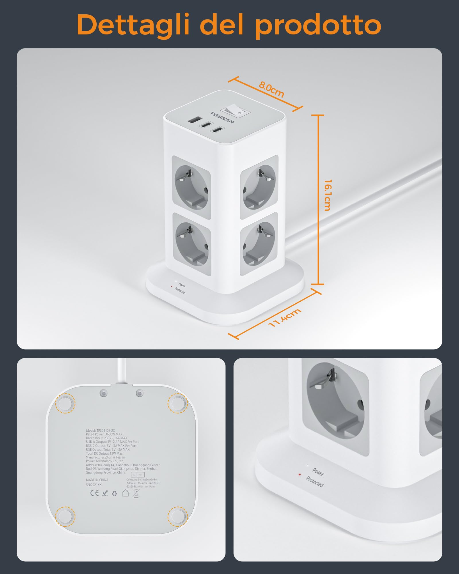 TESSAN Ciabatta Multipresa con USB C e 8 Prese, Presa Multipla Protezione Sovratensione 1700J, Torretta Multipresa 3600W con Interruttore, Ciabatta Elettrica 2 Metri