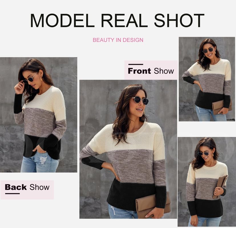 Image of Dokotoo Womens Color Block Sweaters Long Sleeve Pullover Knit Tops