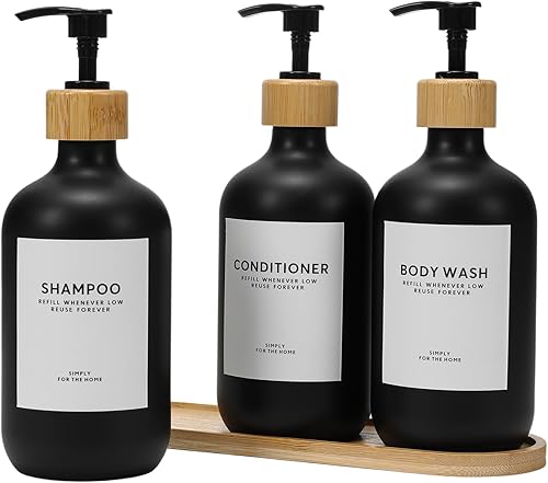 Miniatura 10 de Dispensador de champú y acondicionador, 16.9 onzas, juego de 3 dispensadores de champú de ducha recargables de plástico con bandeja de bambú, Todo