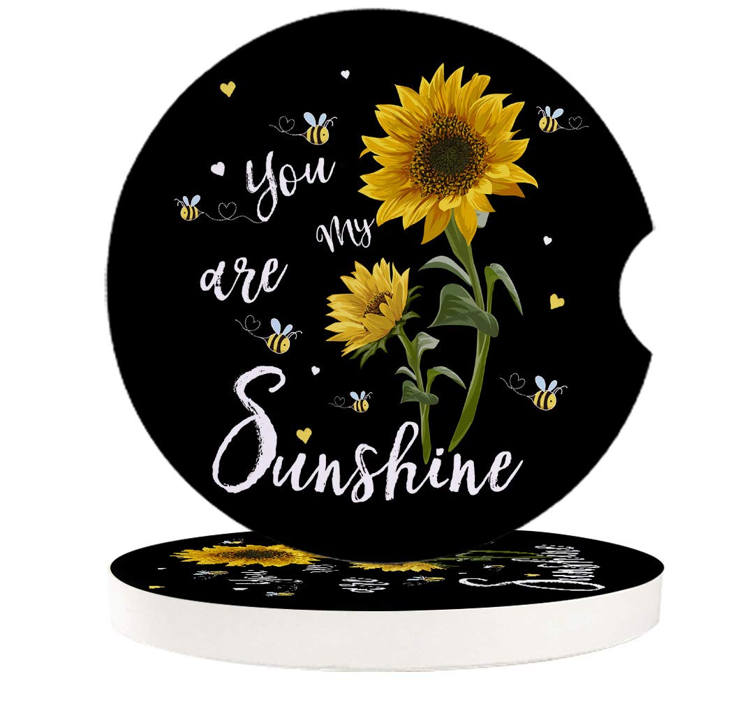 Car Coasters for Drinks Set of 2 Pack,Sunflowers Bees You are My Sunshine Love Durable Absorbent Ceramics Car Accessories Easy Removal of Auto Cup Holders for Women Men