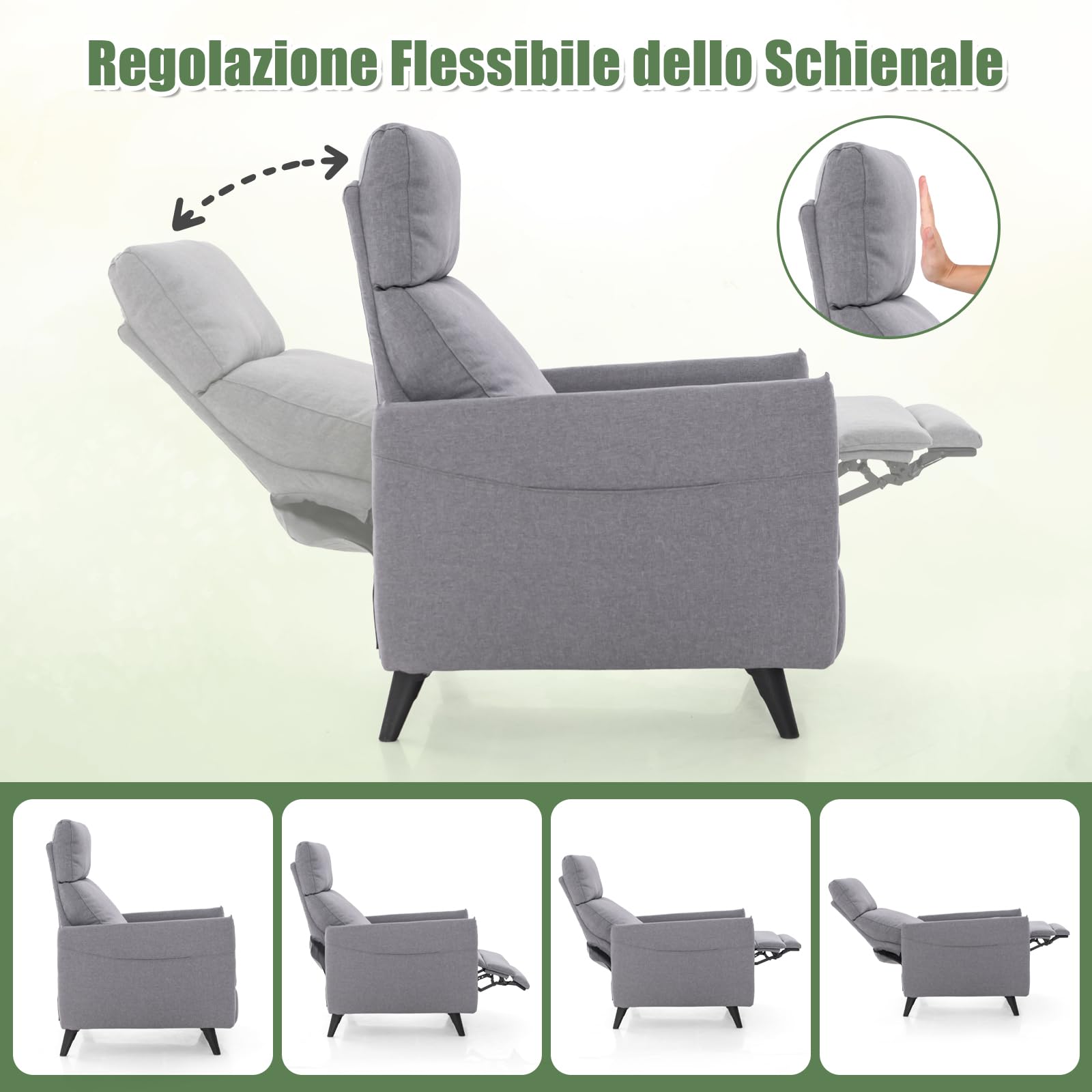 GYMAX Poltrona Reclinabile, Divano Relax con Schienale e Poggiapiedi Regolabili, 2 Tasche Laterali, Supporto Telaio in Ferro, Portata 120 kg, per Soggiorno, Home Cinema e Ufficio, Grigio