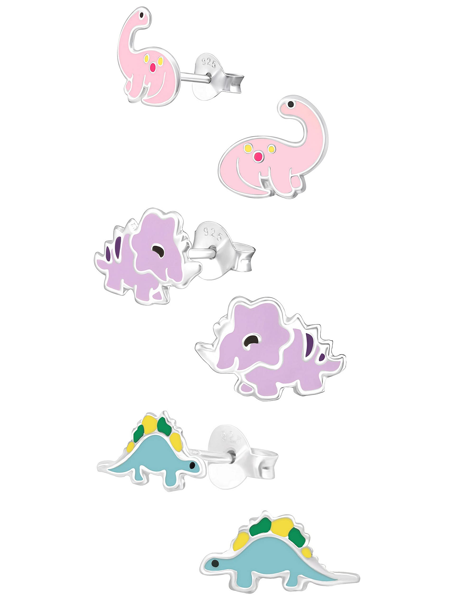 ICYROSE925 Sterling Silver Set of 3 Pairs Assorted Dinosaur and Friends Stud Earrings (Nickel Free) Choice