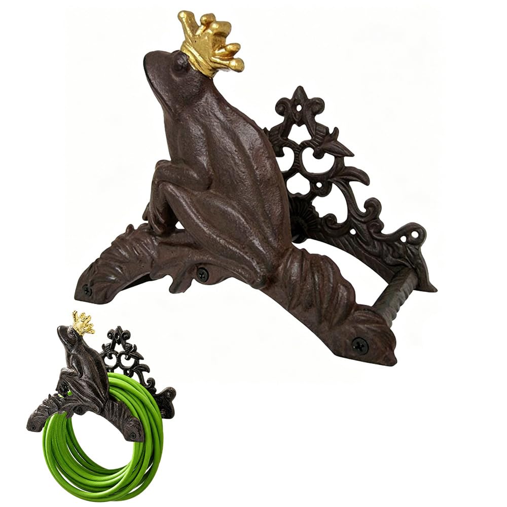 WRQIOO Schlauchhalter Wand, Gartenschlauchhalter Gusseisen, Schlauchhalterung für Gartenschläuche, Schlauch Wandhalterung mit Motiv Froschkönig, Gartenschlauch Halterung Wand, Wasserschlauch Halterung