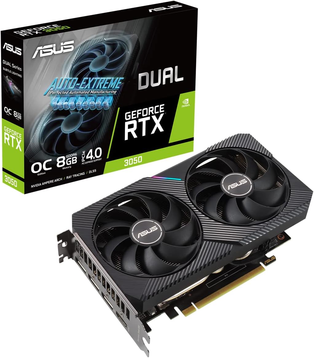 ASUS Dual NVIDIA GeForce RTX 3050 OC Edition Gaming Graphics Card (PCIe 4.0, 8GB GDDR6 memory, HDMI 2.1, DisplayPort 1.4a, 2-slot design, Axial-tech fan design, 0dB technology, and more)