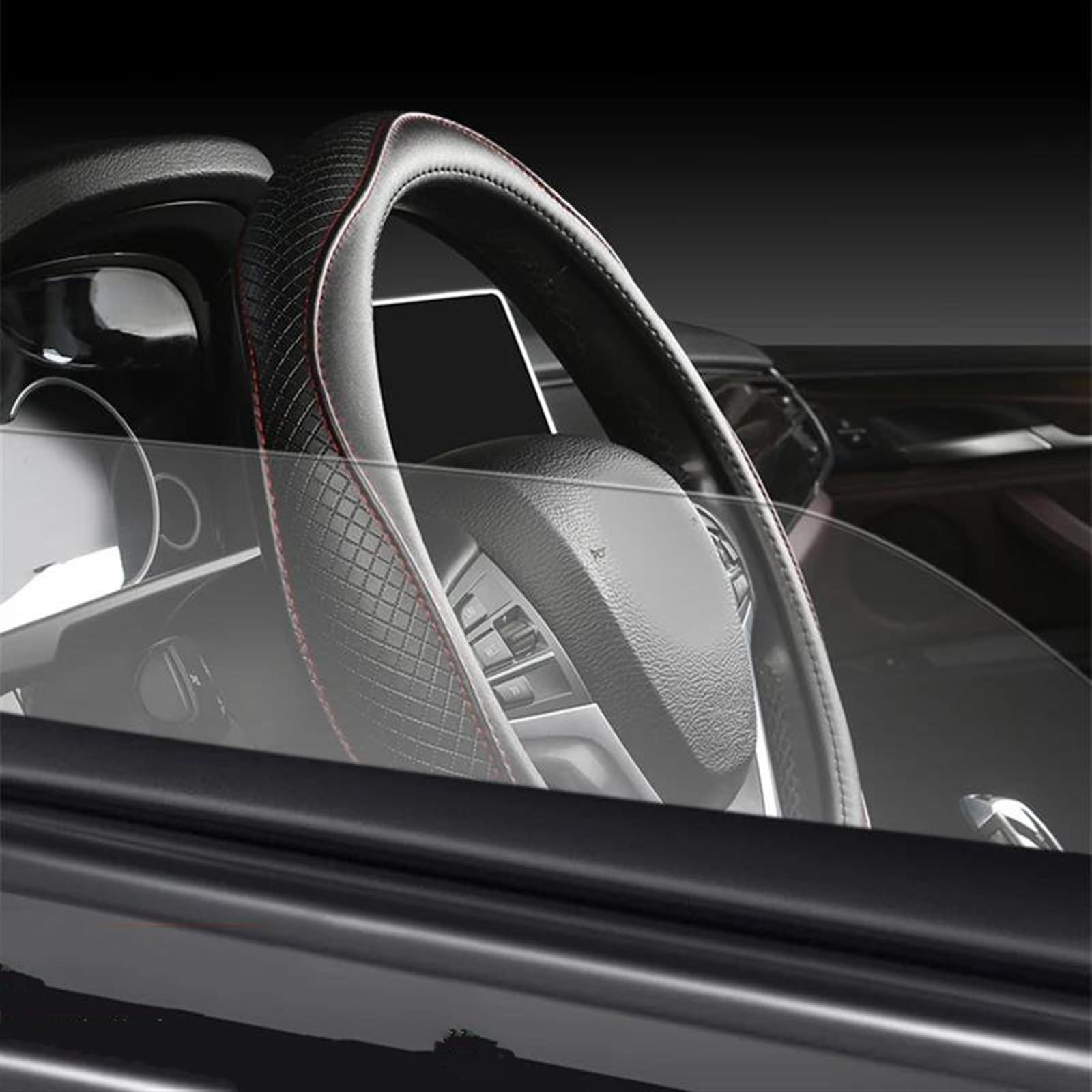 Interni Auto Eleganti In Pelle Antiscivolo Coprivolante Accessori Per Ford Per Fusion Per Mondeo Per Focus GT Ka(Black red O shspe)
