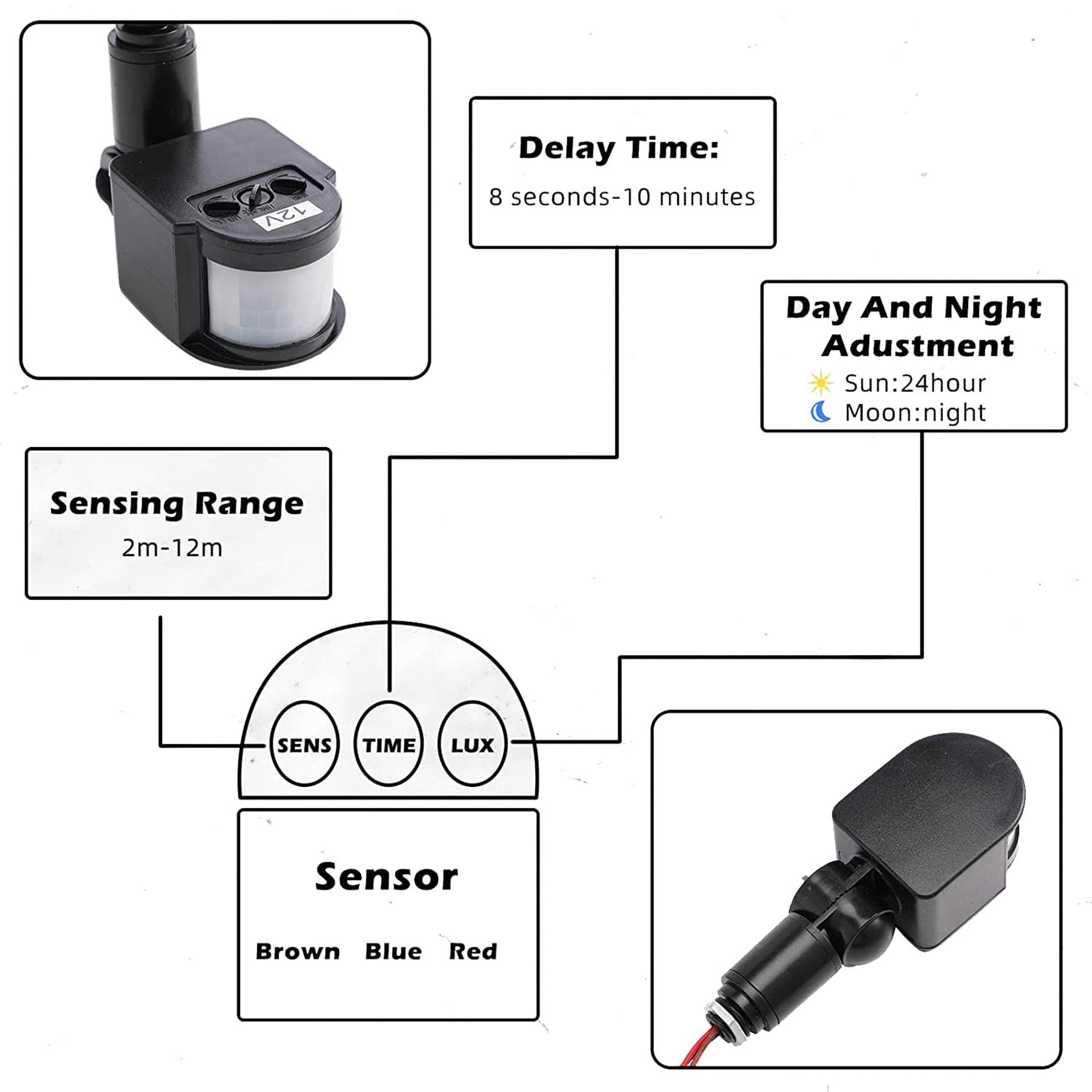 12x Sensore di Movimento 12V Sensore Pir Sensore un Infrarossi Automatico Rilevatore di Movimento Interruttore Luce Pir Esterno per Parete Interno Esterno