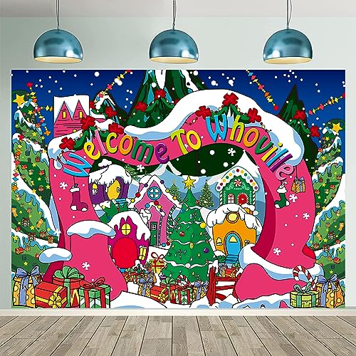Welcome to Whoville Backdrop 8x6FT Winter Christmas Village Photography Background for Kids First Birthday Baby Shower Happy New Year Xmas Holiday Party Decoration Supplies Photo Props