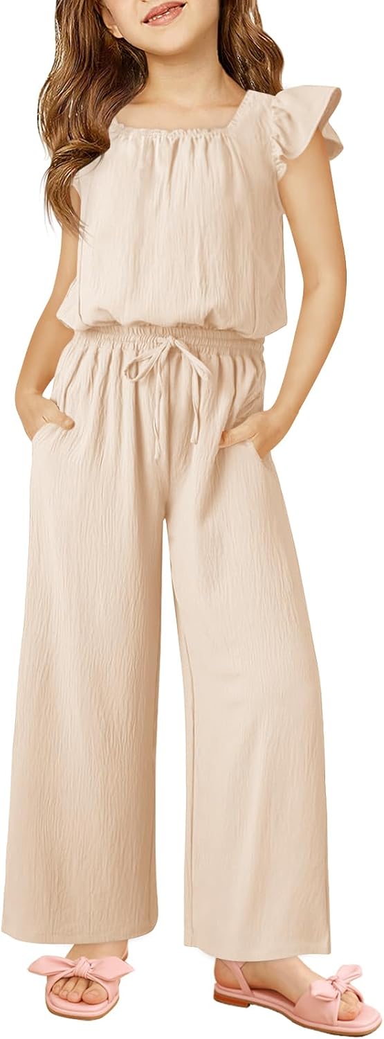 Haloumoning Girls Jumpsuits Kids Fashion Ruffle Sleeves Square Neck Rompers Drawstring Overalls with Pockets